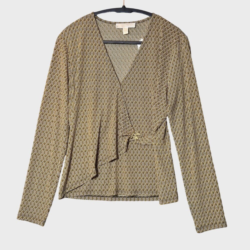 Michael Kors Geometric Retro Faux Wrap Long Sleeve V-Neck Top Tan Brown L NWT